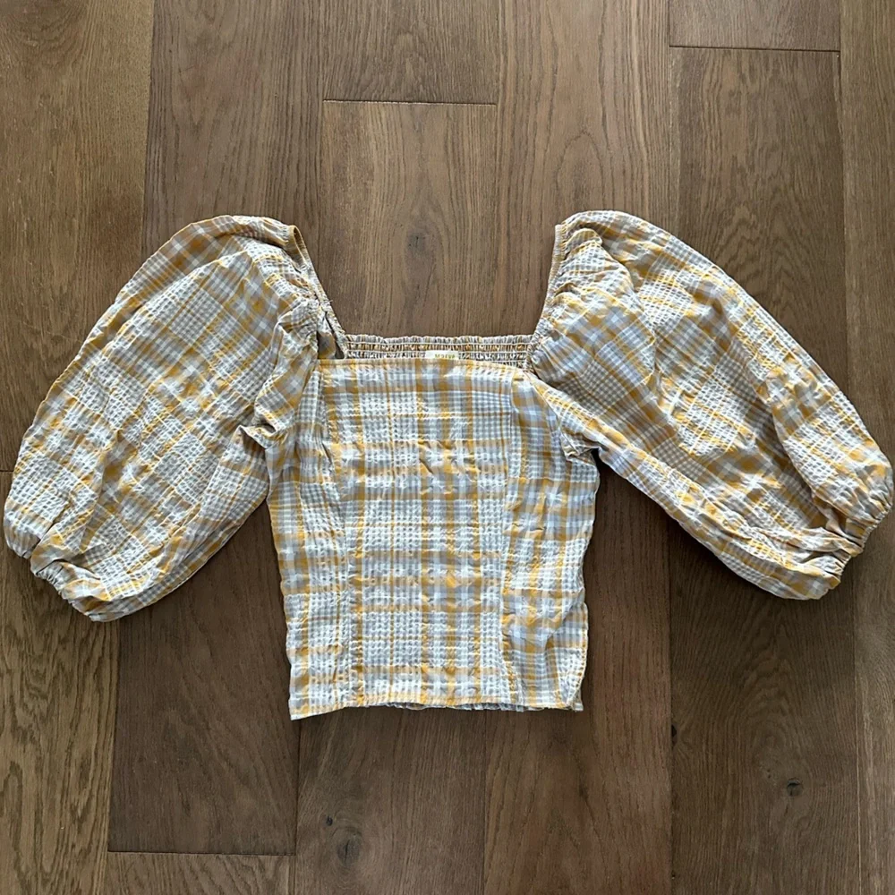 Anthropologie Yellow and White Plaid Puff-Sleeve Blouse